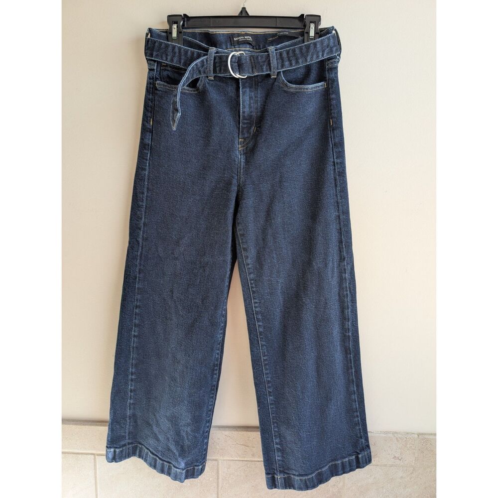 Banana Republic High Rise Wide Leg Crop Jeans Womens 29 Dark Wash Belted Denim